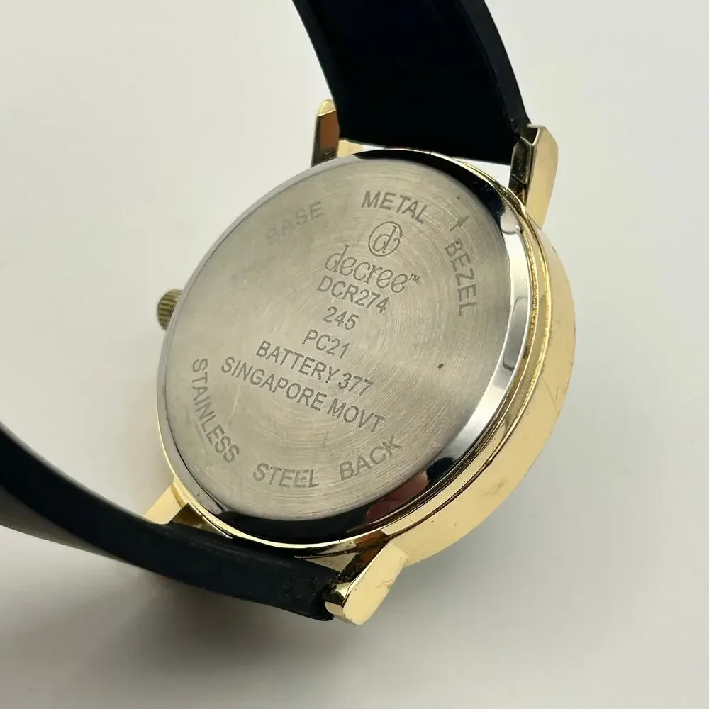 Decree Gold Tone Black Silicon Band Women’s Minimalist Watch  New Battery